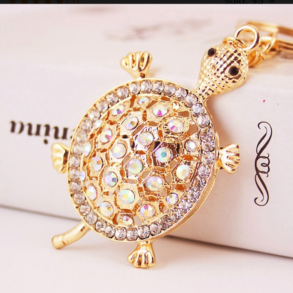 Rhinestone and gold turtle metal pendant keychain or charm. New with gift box.